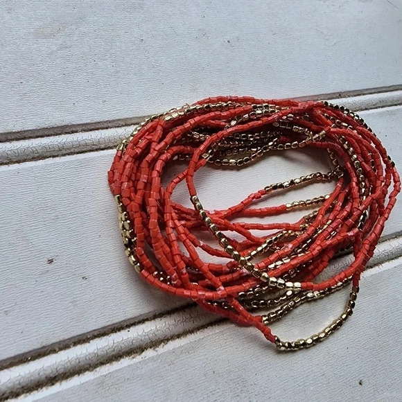 Set Bohemian Beaded Bracelet Women Bracelet Stackable Crafted Coral Pink Gold - Picture 5 of 5